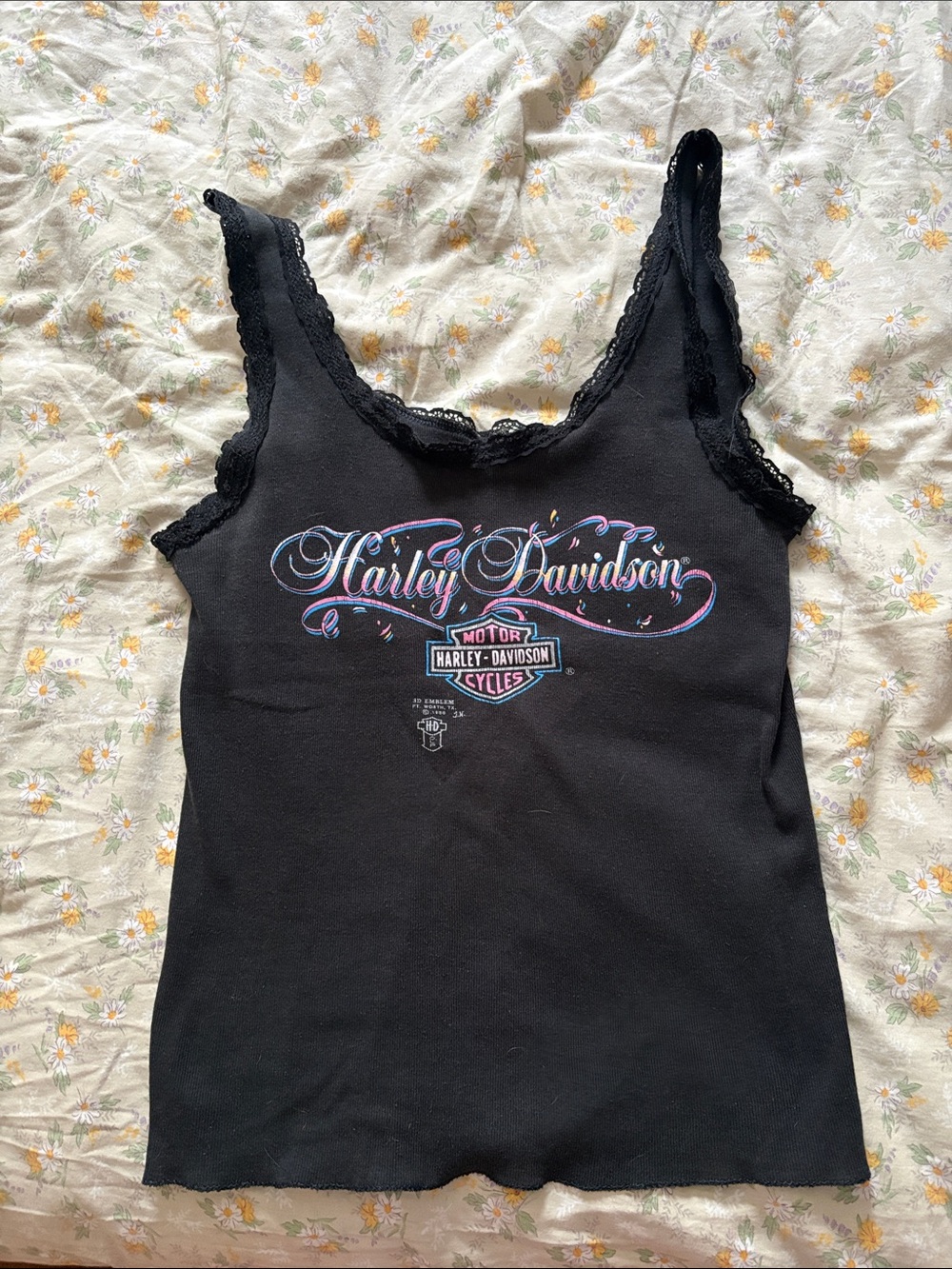 1980’s VINTAGE Harley-Davidson Black Lace-Trim Logo Tank with 3D Emblem